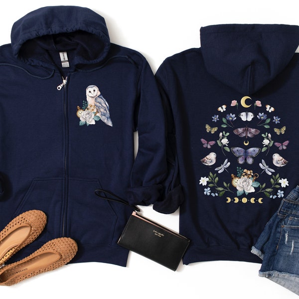 WINTER GARDEN Cottagecore Full Zip Up Hoodie with Snowy Owl Butterflies Bird Moon Phases and Flowers in Scandinavian style, Fairycore Jacket