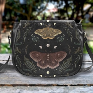 Magical Emperor Moth Crossbody Saddle Bag, Mystical Moth Shoulder Bag, Witchy Vegan Leather Bag, Saturnia Pavonia Crossbody Purse, Moon Moth