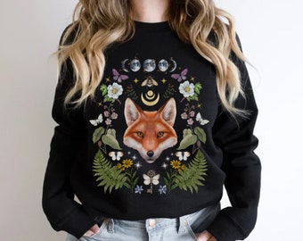 FLORAL FOX Cottagecore Aesthetic Sweatshirt for Nature Lover, Mystical Forest Pullover, Woodland Animal Crewneck Botanical Fairycore Sweater