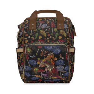 TOADSTOOLS & OLD WITCH Mystical Forest Diaper Backpack, Baba Yaga Bag, Mushrooms Fly Agaric Backpack, Dark Woodland Goblincore Backpack