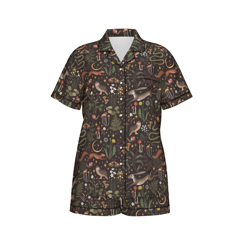 FAIRY FOREST Women’s 2 piece pajama set with Animals Owl Moon Moth Mushrooms & Wildflowers, Mystical Woodland Nightwear, Fall themed pj imagen 3