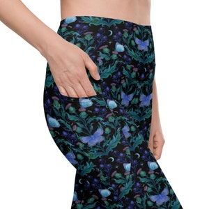 MAGICAL Blue MOTH & THISTLE Crossover Leggings with Pockets, Whimsical Floral Butterfly Yoga Leggings, Cottagecore Leggings, Witchy Eclectic