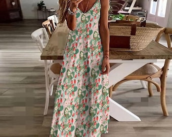 STRAWBERRIES Sling Dress, Berries Summer Sundress, Garden Party style Dress, Cottagecore Maxi Sun Dress, Gift for Mom, Ankle Length Dress