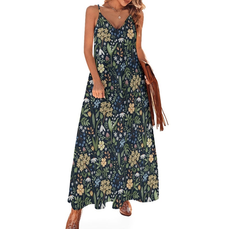 COTTAGECORE FLORAL Spaghetti Straps Maxi Dress, Wildflowers Ankle Length Dress, Spring Flowers Dress, Botanical Sun Dress, Summer Dress zdjęcie 6