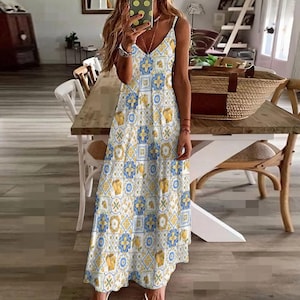 LIMONCELLO Summer Sling Dress, Lemon Ankle Length Sundress, Mediterranean tiles Boho Retro Maxi Dress, Italy inspired Sun Dress, Capri Dress