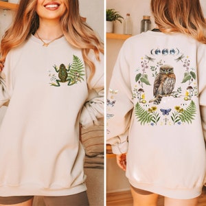 MYSTICAL WOODLAND Sweatshirt with Owl design on the back Frog on the front and Butterflies on Sleeves, Cottagecore Sweater for Nature Lovers Sand