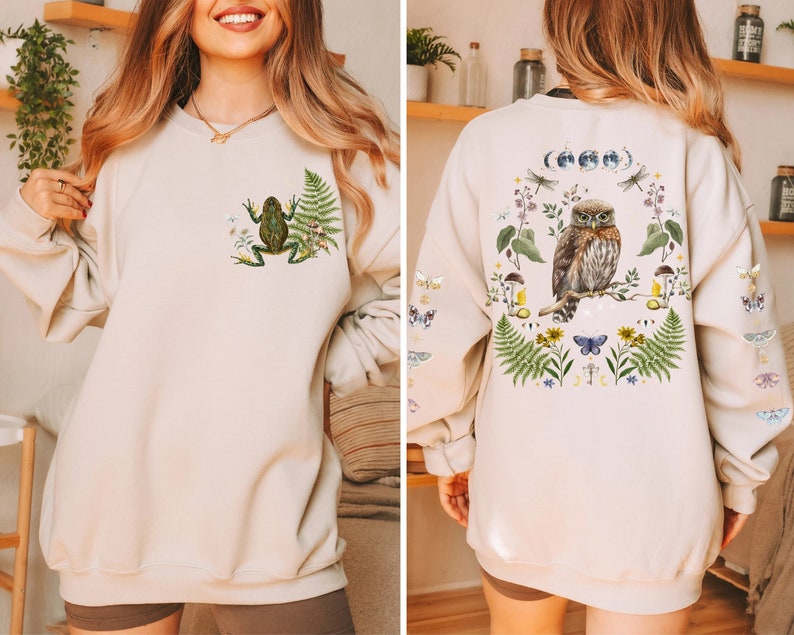 MYSTICAL WOODLAND Sweatshirt with Owl design on the back Frog on the front and Butterflies on Sleeves, Cottagecore Sweater for Nature Lovers Sand