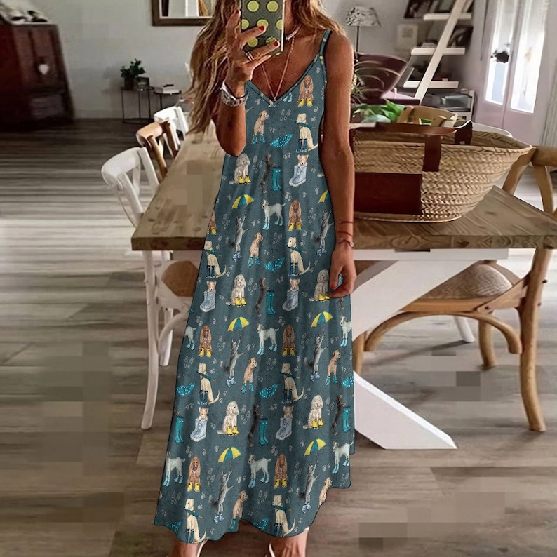 CUTE DOGS Sling Dress, Rain Puppies Ankle Length Sling Dress, Garden Party Style Maxi Dress, Cottagecore Sundress, Dog Mama Gift, Fall Dress Bild 1