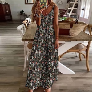 MUSHROOMS and BIRDS Sling Dress, Nature inspired Botanical Dress, Dark Cottagecore Maxi Dress, Goblincore Ankle Length Dress, Mystical Dress