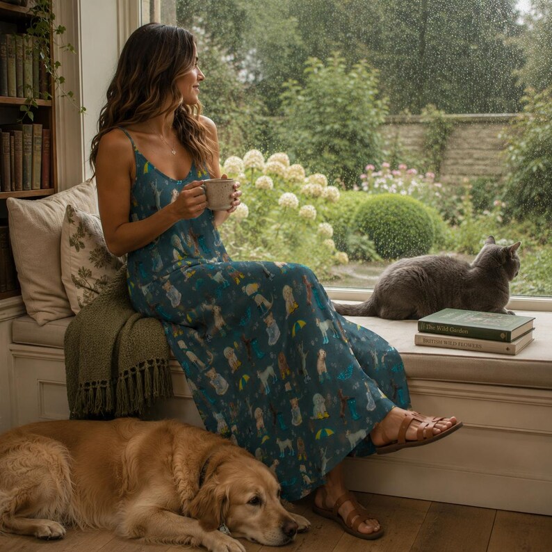 CUTE DOGS Sling Dress, Rain Puppies Ankle Length Sling Dress, Garden Party Style Maxi Dress, Cottagecore Sundress, Dog Mama Gift, Fall Dress immagine 9