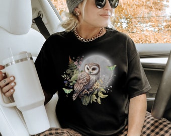 MYSTICAL OWL and Luna Moth T-shirt, Forest Bird shirt, Wildlife Tee, Nature inspired Shirt, Cottagecore shirt, Witchy shirt, Floral Owl tee