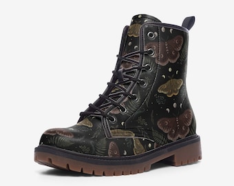 Magical Emperor Moth Vegan Leather Combat Boots, Moth & Moon Mystical Lightweight Combat Boots, Witchy Women Gift, Whimsigoth Boots