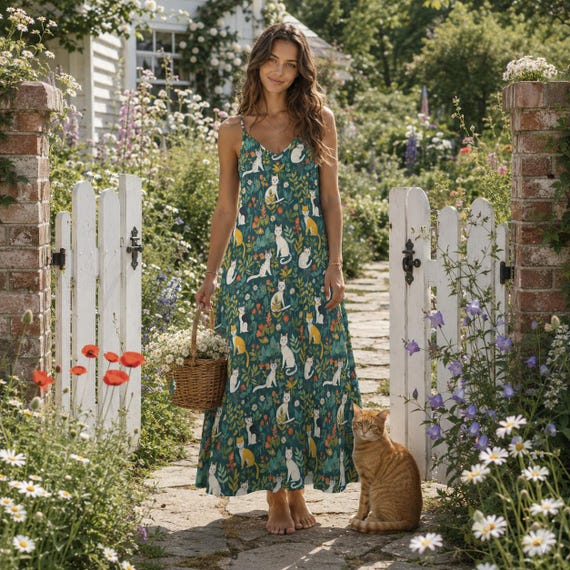 cat maxi dress GARDEN CATS Summer Sling Dress, Boho Floral Cats Ankle Length Sundress,  Cottagecore Maxi Dress, Cat Mama Dress, Spaghetti Straps Sun Dress