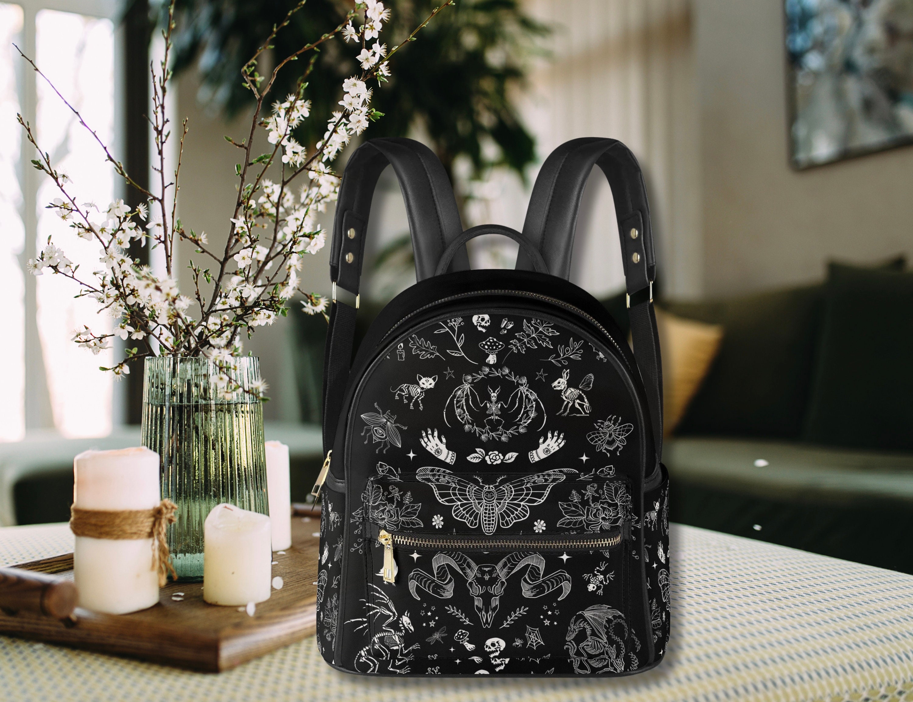 Mini Gothic Backpack with Skull Butterfly Moth Design Small Casual Daypack Gothic Pink Roses And Vines Skull Cross Small Size Backpack  main image 3