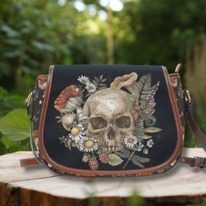 FLORAL SCULL Saddle Bag, Mushroom Fern Crescent Moon Mystical Forest Witchy Crossbody Bag, Woodland Bag for Nature Lovers and Green Witches