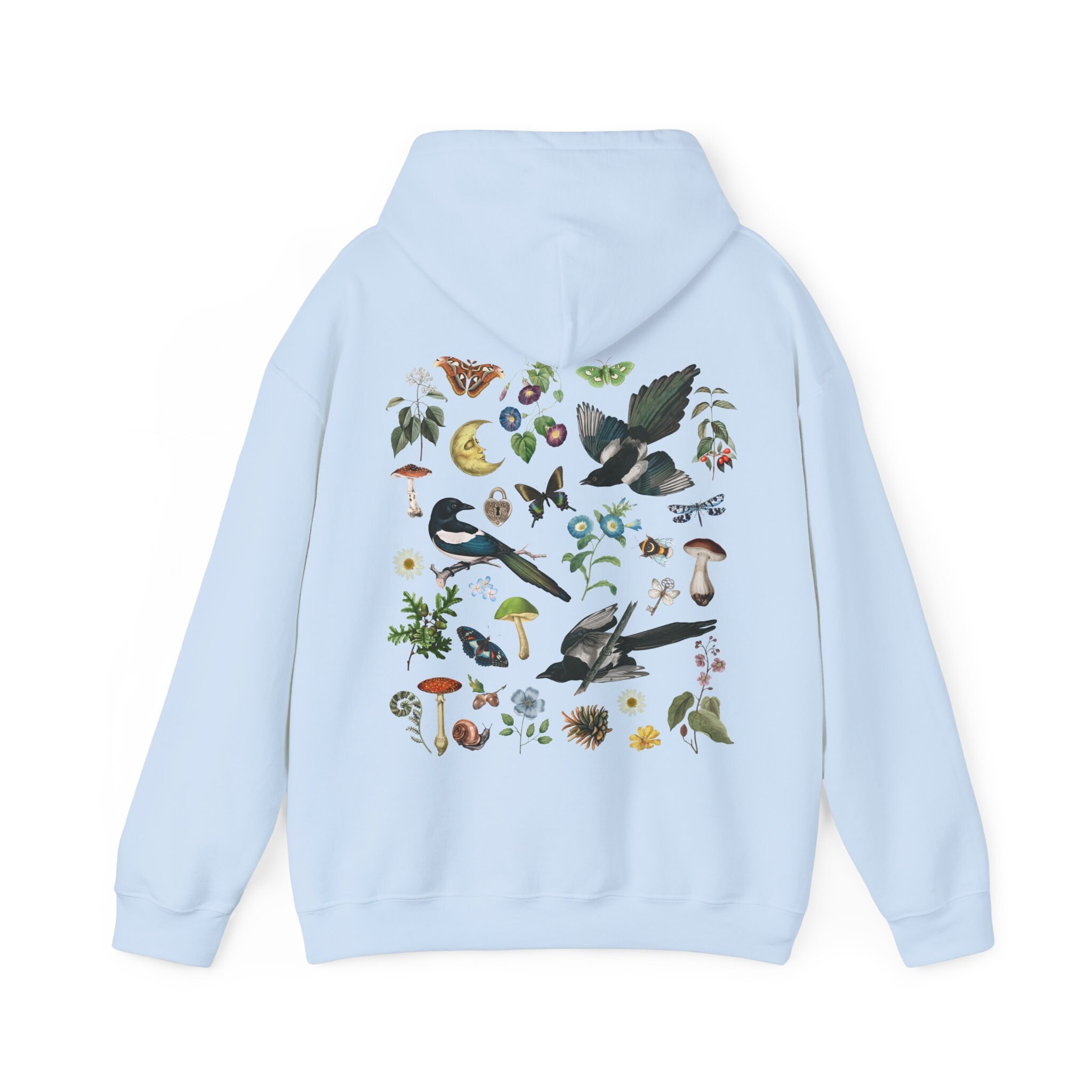 MAGPIE Hoodie, MYSTICAL Hooded Sweatshirt With Magpies Mushrooms 