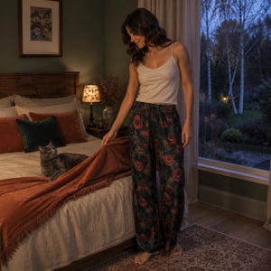 May include: A pair of loose-fitting pajama pants featuring a dark green background with a vibrant red poppy floral pattern, paired with a simple beige spaghetti strap tank top. The pants have a relaxed, wide-leg silhouette and an elasticized waistband.