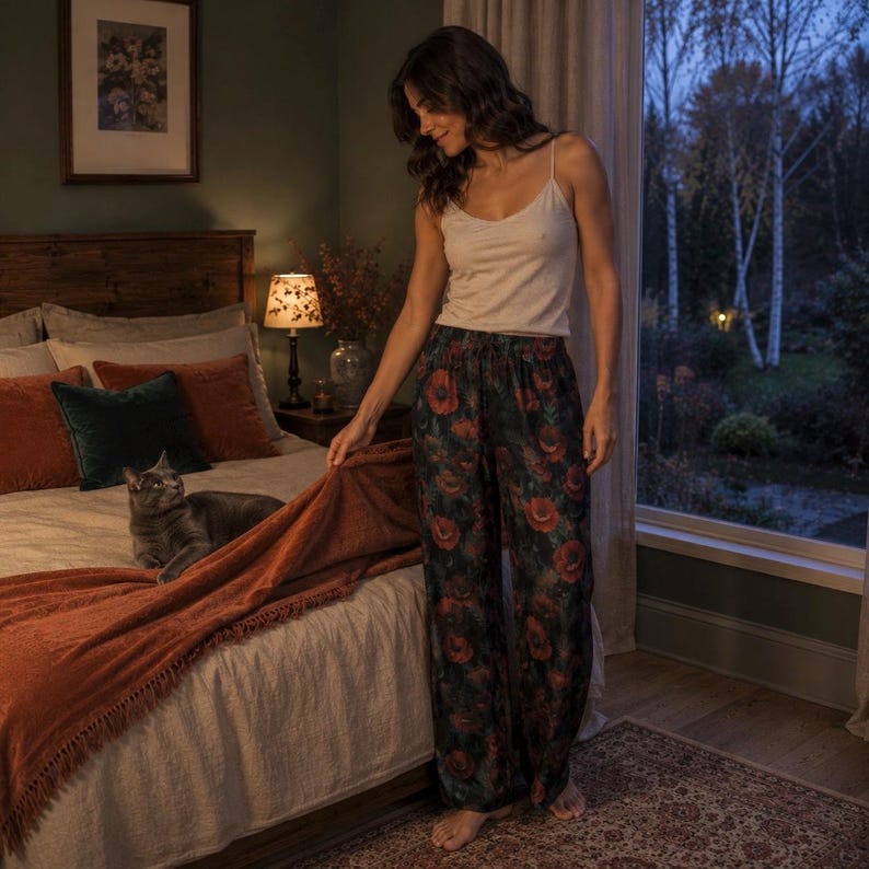 May include: A pair of loose-fitting pajama pants featuring a dark green background with a vibrant red poppy floral pattern, paired with a simple beige spaghetti strap tank top. The pants have a relaxed, wide-leg silhouette and an elasticized waistband.