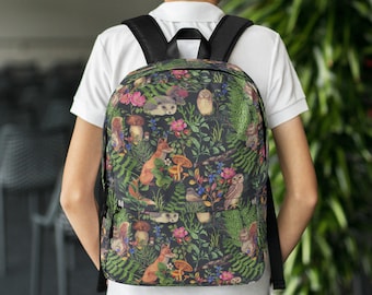 FOREST ANIMALS School Backpack with Fox Hedgehog Squirrel Owl Mushrooms Fern & Wildflowers, Woodland School Bag, Botanical Cottagecore Bag