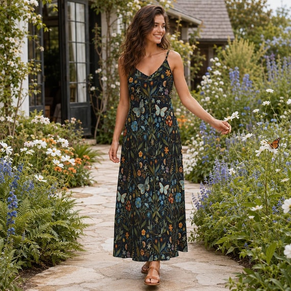 summer ankle length dresses DARK FLORAL Maxi Sun Dress, Cottagecore Butterfly Dress, Night Garden Mystical Dress, Flowers & Moth Fairycore Sundress or sandals for a Size:18 Floral maxi dress Pageant Dress Central line care |