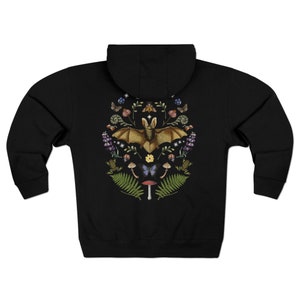DARK COTTAGECORE Zip Up Hoodie with Vintage Bat Moon Phases Moth Frog Mushroom Butterfly Snails Fern & Wildflowers, Mystical Woodland Hoodie Black