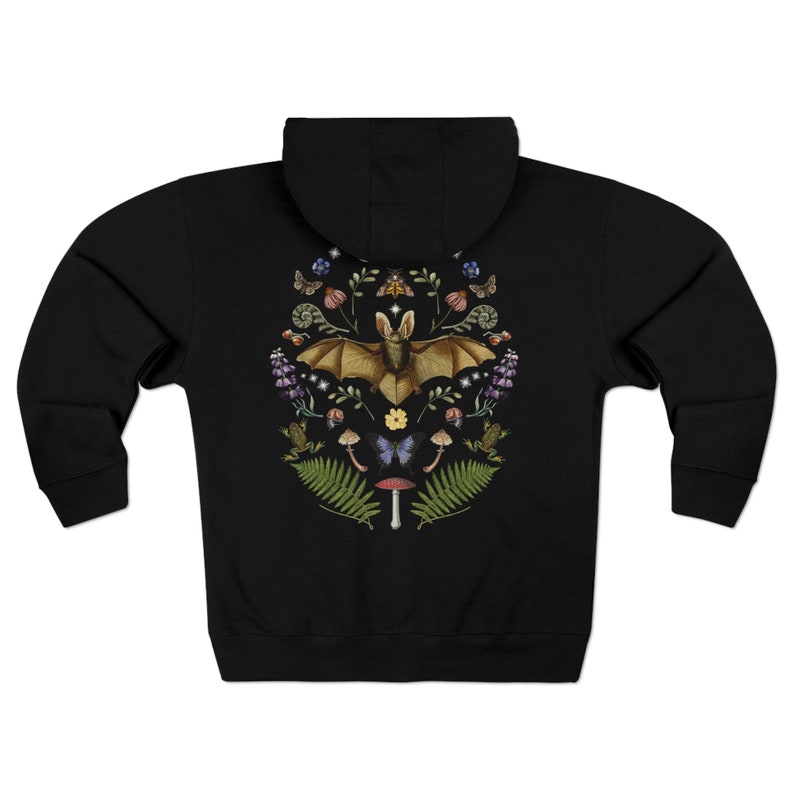 DARK COTTAGECORE Zip Up Hoodie with Vintage Bat Moon Phases Moth Frog Mushroom Butterfly Snails Fern & Wildflowers, Mystical Woodland Hoodie Black