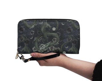 MYSTICAL DRAGON Vegan Leather Wallet, Floral Dragon Wristlet, Whimsigoth Clutch, Witchcore Purse, Fantasy reader gift, Phone case wallet