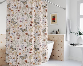 COTTAGECORE waterdichte stoffen douchegordijnen, bloemen vlinders badkamergordijnen, wilde bloemen badgordijnen, boho bloemen badgordijnen