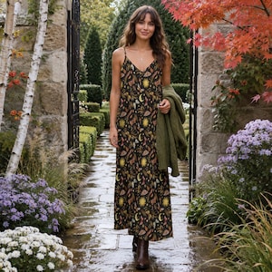 Mystical Celestial Maxi Dress, Fall inspired Witchy Sundress, Vintage Sun Moon Moth & Autumn leaves print Dress, Spaghetti Straps Maxi Dress