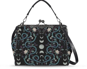 MOON SERPENT MYSTICAL Kisslock Crossbody Shoulder, Whimsigoth Messenger Bag Witchcore Bag with Moon Phases Snakes Night Bloom & Wild berries