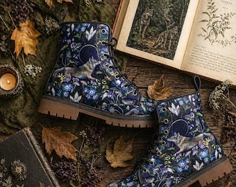 Mystical Wolf Combat Boots, Dark Woodland Floral Boots, Witchy Forest Footwear, Cottagecore Vegan Leather Boots, Moon Wolf Wildflowers Shoes