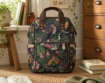 sac à langer vintage ANIMAUX DE LA FORÊT, sac à dos Cottagecore avec renard hérisson écureuil hibou, sac Woodland, sac à langer botanique sac à dos Nature
