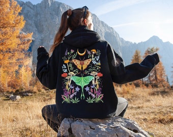 GARDEN MOTH Sudadera con capucha con cremallera completa con fases lunares y flores, sudadera con capucha de mariposas florales, sudadera con capucha de polilla luna verde, chaqueta de polilla mística