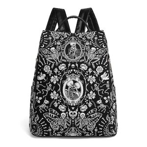 SKELETON LOVERS Anti-theft Backpack, Whimsigoth Vegan Leather Daypack, Romantic Halloween PU Leather Travel Backpack Bag, Witchy Backpack