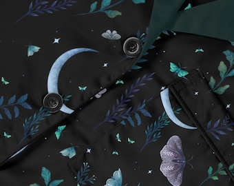 MAGICAL MOON & MOTH Women Two Piece Satin Pajama Set, Moonlit Garden Long Sleeve Shirt Pants Silky Pj Set, Witchy Sleepwear, Loungewear set