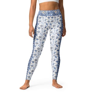 Chinoiserie Tigers High waisted Yoga Leggings, Floral Leggings for Pilates Workout Gym and Athleisure, Asian motifs White & Blue Leggings