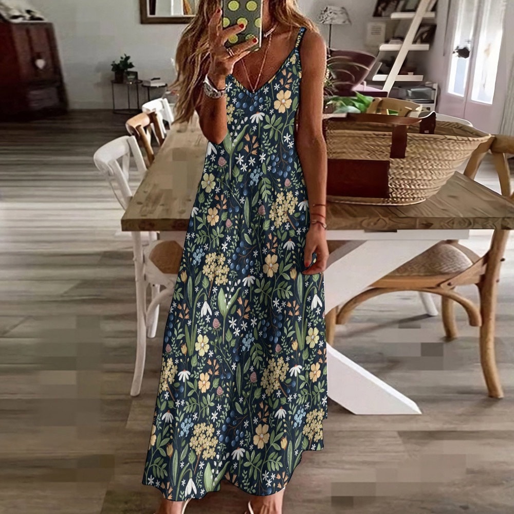 COTTAGECORE FLORAL Spaghetti Straps Maxi Dress, Wildflowers