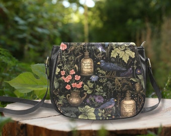 APOTHECARY GARDEN Crossbody Saddle Bag, Mystical Witchcore Shoulder Bag, Witchy Vegan Leather Bag,  Whimsigoth crossbody Purse, Raven Bag