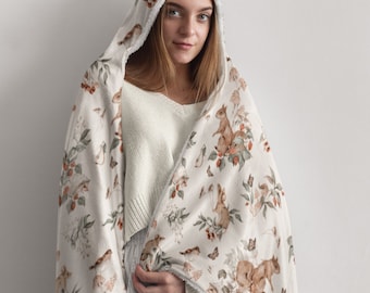 CUTE ANIMALS Hooded Snuggle Blanket, COTTAGECORE Lounge Blanket, Squirrel Blanket, Forest Friends Lounge Blanket, Wildlife Wearable Blanket