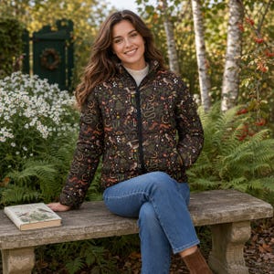 FAIRY FOREST Puffy Jacket, MYSTICAL Woodland Quilted Jacket with Owl Squirrel Rabbit Snake Mushroom & Moon, Dark Cottagecore Windbreaker