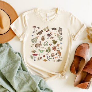 Woodland Wonders: NATURE T-shirt featuring Owl Bird Rabbit Frog Butterflies Mushrooms & Fern, Cottagecore Botanical Shirt, Forest shirt imagen 6