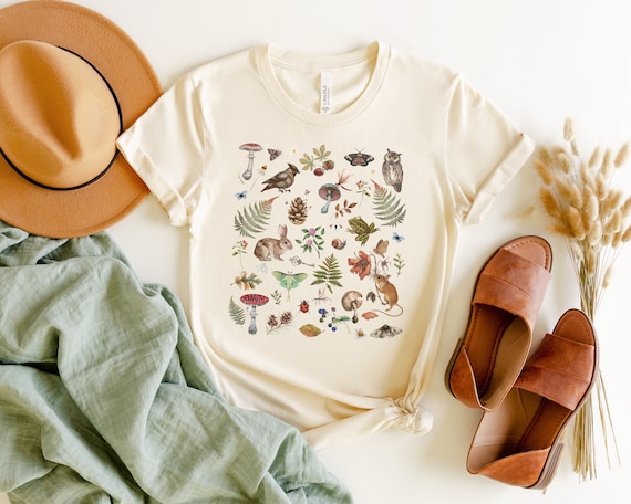 Woodland Wonders: NATURE T-shirt featuring Owl Bird Rabbit Frog Mouse Butterflies Mushrooms & Fern, Cottagecore Botanical Shirt, Forest tee