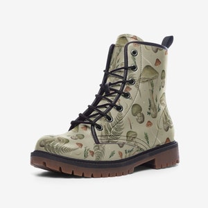 MUSHROOMS FERN GOBLINCORE Eco Friendly Vegan Leather Lightweight Combat Boots for Fungi Lover Gift, Green Witch Boots