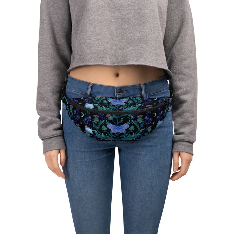 BLUE MOTH & THISTLE Fanny Pack, Nature inspired Waterproof Crossbody Bag with Moon Moth and Thistle Cottagecore Floral Crossbody Waist Pouch