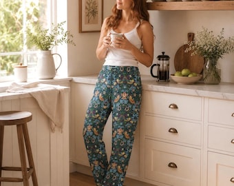 STRAWBERRY THIEF by William Morris satijnen damespyjamabroek, boho-zomerbroek, Floral Birds Loungewear-broek, Cottagecore-nachtkleding