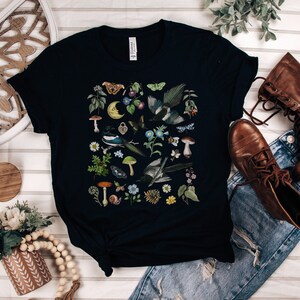 WOODLAND Shirt with MAGPIES MUSHROOMS Butterflies Moth Bindweed Wildflowers & Forest Plants, Botanical Tee for Nature Lovers Gift Solid Black Blend