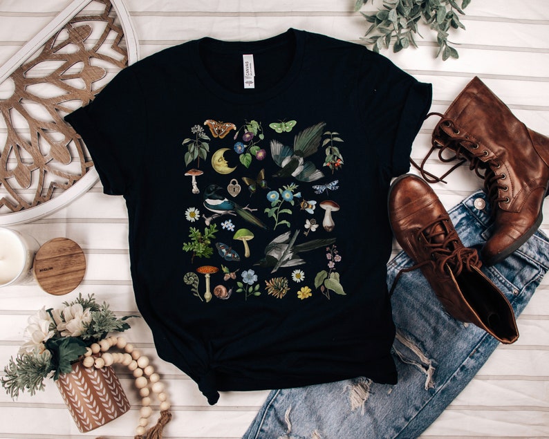 WOODLAND Shirt with MAGPIES MUSHROOMS Butterflies Moth Bindweed Wildflowers & Forest Plants, Botanical Tee for Nature Lovers Gift Solid Black Blend