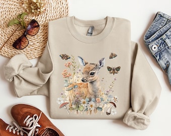 FLORAL DEER Sweatshirt, Woodland Animal Shirt for Nature Lover, Camping Pullover with Wild Forest Animal, Cottagecore Aesthetic Sweater