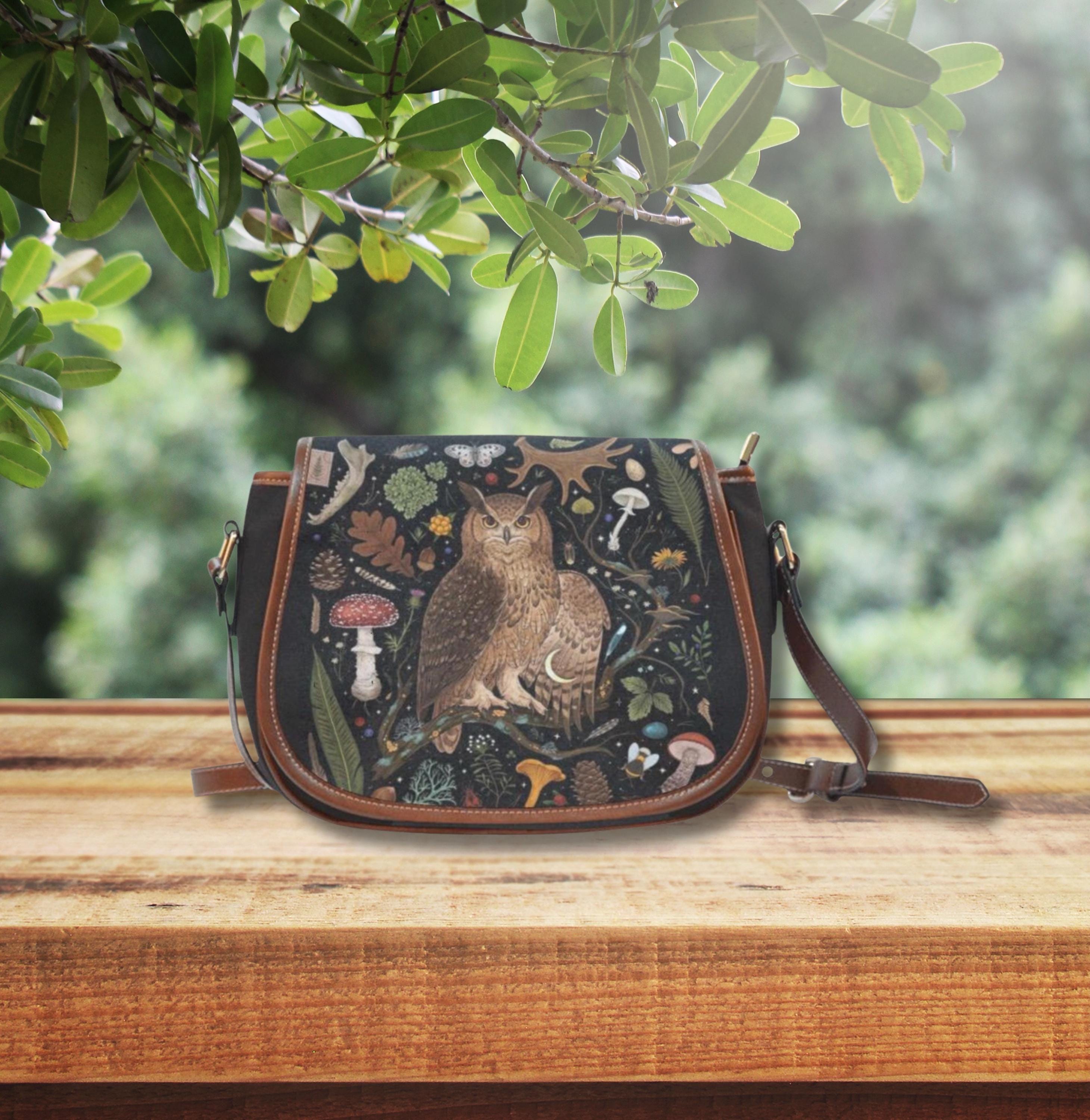 FOREST OWL BIRD Crossbody Saddle Bag, Forestcore Small Shoulder Bag with Owl Mushroom Fern & Mot