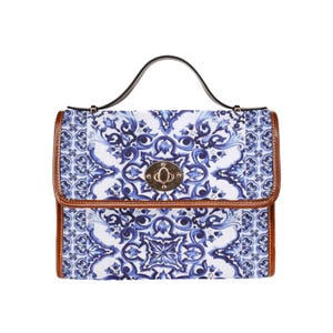 BLUE & WHITE PORCELAIN Satchel Handbag, Sicily inspired Waterproof Canvas Bag, Italian Blue Mosaic Crossbody Purse, Majolica Messenger Bag